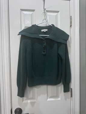LOFT Deep Green Ribbed Collar Button-Front Sweater